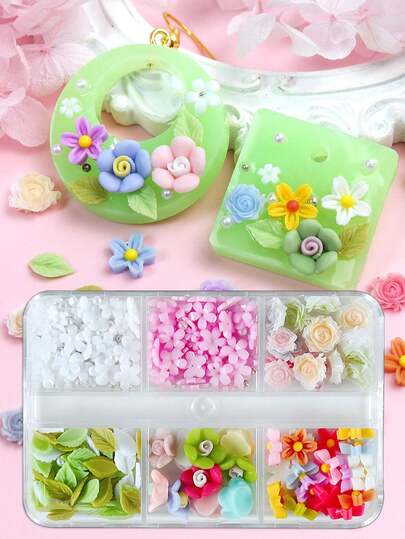 1 Hộp Phụ Kiện Trang Trí Móng Tay Hình Hoa Dễ Thương Nhiều Màu Sắc - Hoa hồng và lá nhiều màu, nhiều kích cỡ, hạt cườm, phụ kiện trang trí móng tay DIY phong cách Y2K, thích hợp cho móng tay mùa xuân/hè.