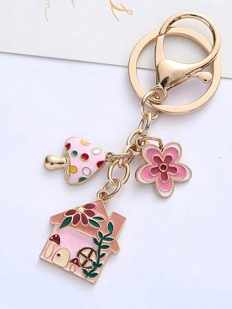 1pc Rustic Cute Mushroom House Flower Keychain Bag Charm, Enamel Zinc Alloy
