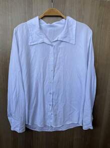 Camisa de Vesco linho solta feminina de manga comprida de cor lisoM ( veste 38)  G ( veste 40)  GG ( veste 42)G1-46 G2-48 G3-50 - Branco - Visão 2