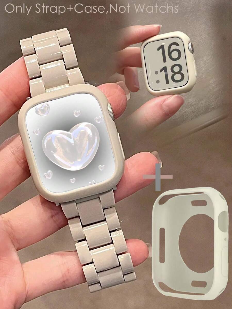 1 Set Compatible Case And Band Kit, Unisex Starlight Casual TPU Hollow Smart Watch Case + Starlight Resin Band, Lightweight Solid Color Band, Compatible With 38/40/41/42/44/45/49mm , Compatible With Apple Watch Ultra/SE/9/8/7/6/5/4/3/2/1 Series, Smart Watch Accessories, Neutral Minimalist Style