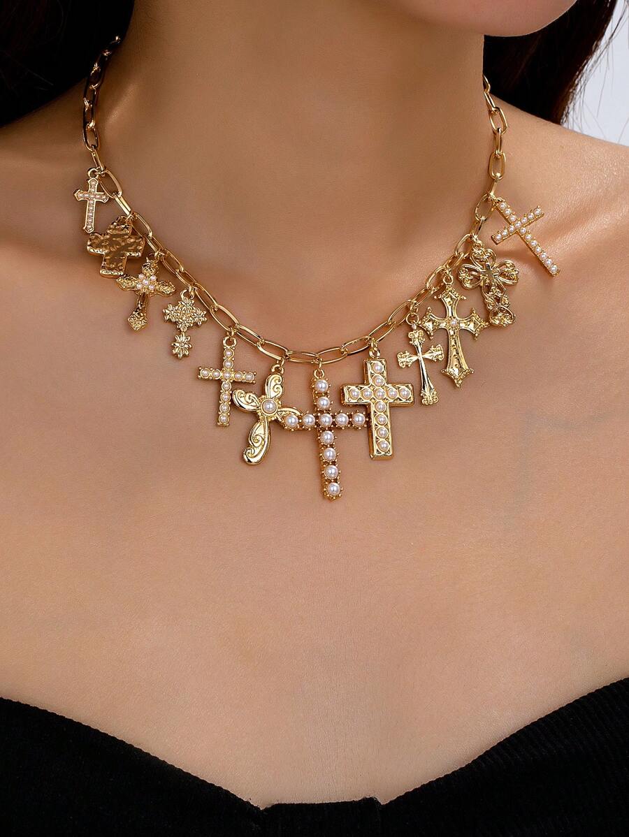 1 Chiếc Vòng Cổ Mặt Thánh Giá, Trang Trí Bằng Ngọc Trai Giả Mặt Dây Chuyền Thánh Giá Vòng Cổ Tuyên Bố Trang Sức Cho Phụ Nữ - Vàng - Xem 1