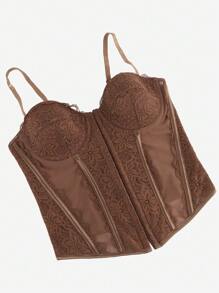 女士蕾丝紧身胸衣上衣，黑色透明紧身胸衣吊带背心，前胸开合，精致细肩带，宫廷式紧身胸衣 - 棕色 - 查看 3