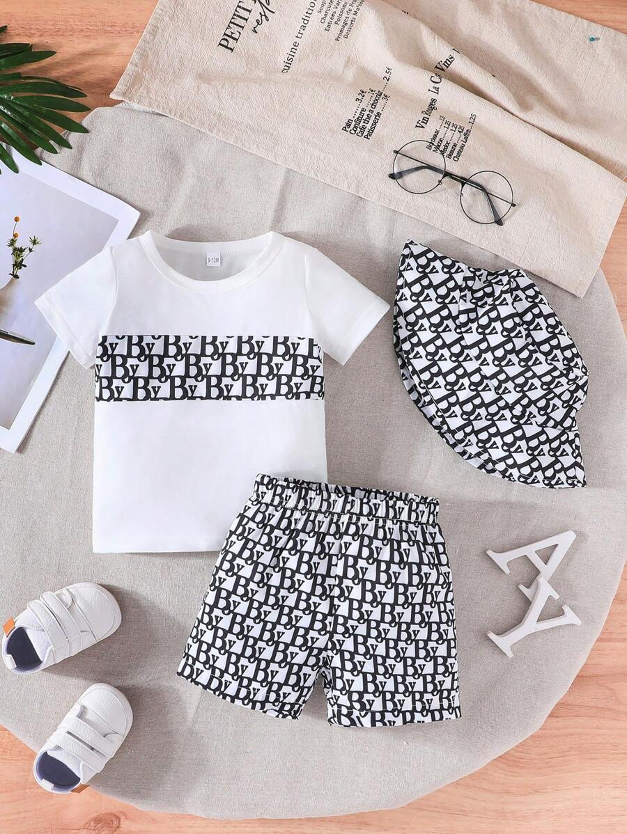 夏季男宝宝短袖字母印花T恤+字母印花短裤套装，时尚舒适户外装+时尚帽子 - 黑與白 - 查看 1