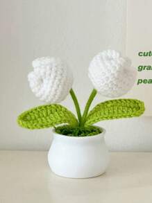 1pc/2pcs 2 Flower Heads (White), DIY Handmade Mini Potted Plant, Crochet Tulip, Mother's Day Gift, Home, Office, Desktop, Wedding, Birthday, Holiday Decor, Christmas & New Year Gift, For Boyfriend/Girlfriend/Father Gifts Graduation