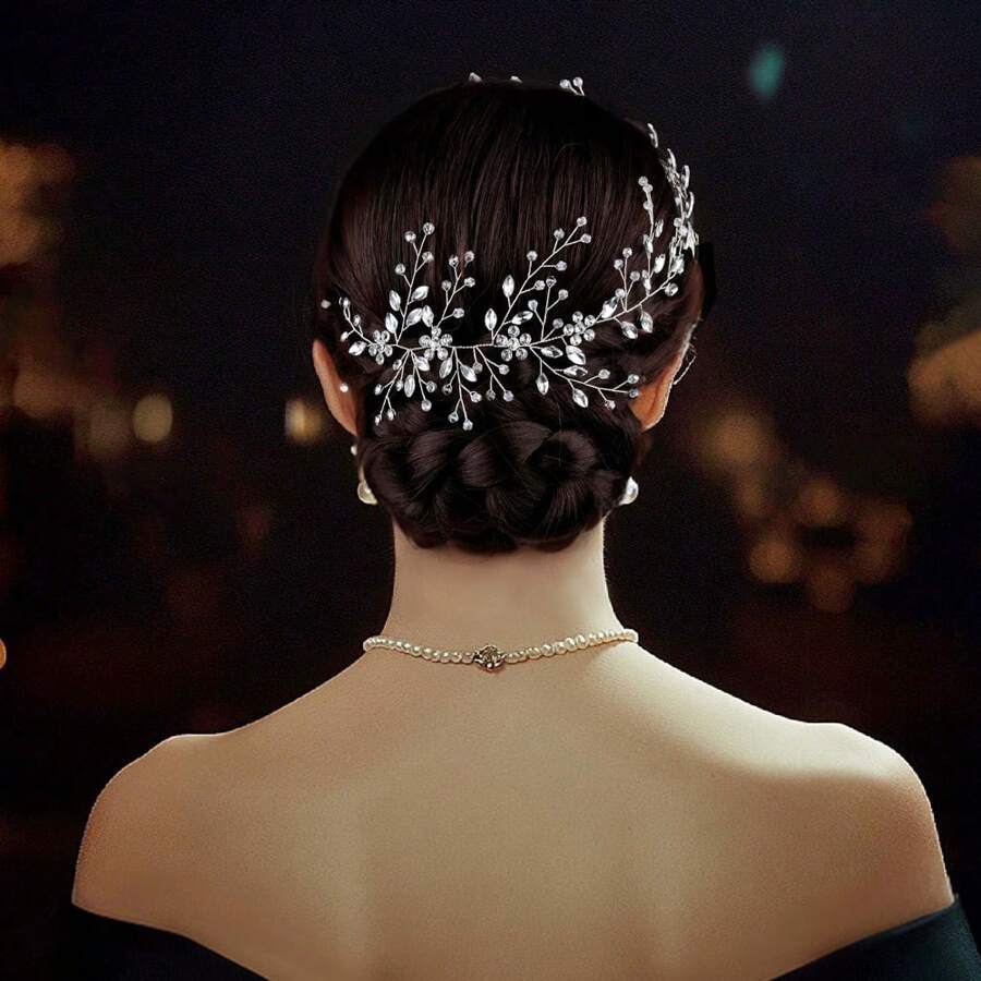 1pc Handmade Crystal Rhinestone Bridal Headband, Shiny Minimalist Fashion Head Accessory For Wedding, Party, Updo - Silver - View 1