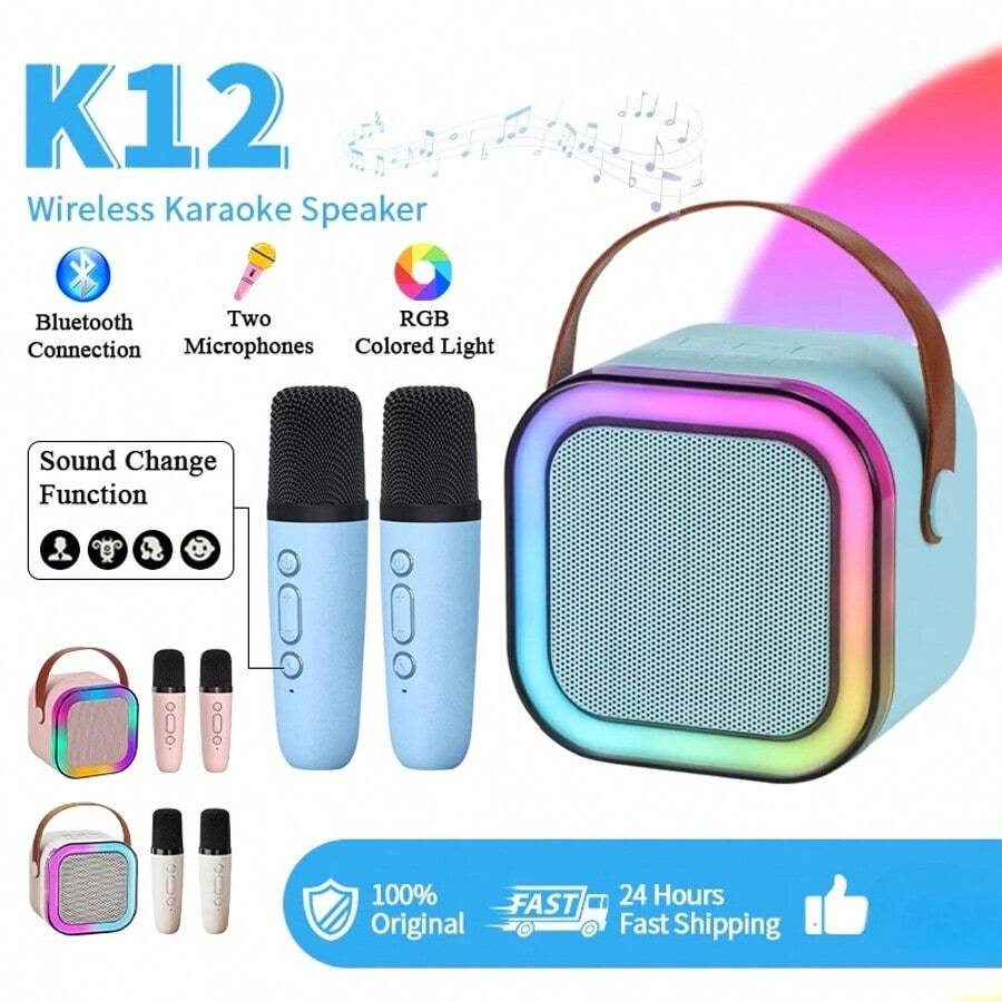 Wireless Karaoke Speaker Wireless Portable Mini Speaker Speaker Karaoke Mini Speaker Set Karaoke K12/K19/K30 - k12-micrô kép-màu xanh - Xem 1