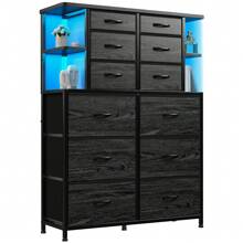 EnHomee Tall Dressers For Bedroom With LED Lights And 12 Fabric Drawers, Dresser For Bedroom With Open Shelves, Scuff-Resistant And Durable Wood-Top Panel, Chests Of Drawers With Sturdy Metal Framem Room Decor, Home Decor, Black Wood Grain - 黑色 - 查看 5