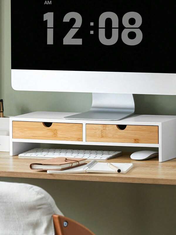 SoBuy BBF02-WN Monitor Bildschirm Ständer Monitorerhöhung Bildschirmerhöher Monitorständer mit 2 Schubladen BHT ca. 47x11x18cm (Weiß-Natur)