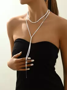 1 件时尚简约金色银色扁平蛇链 Y 形双层长项链项圈项链