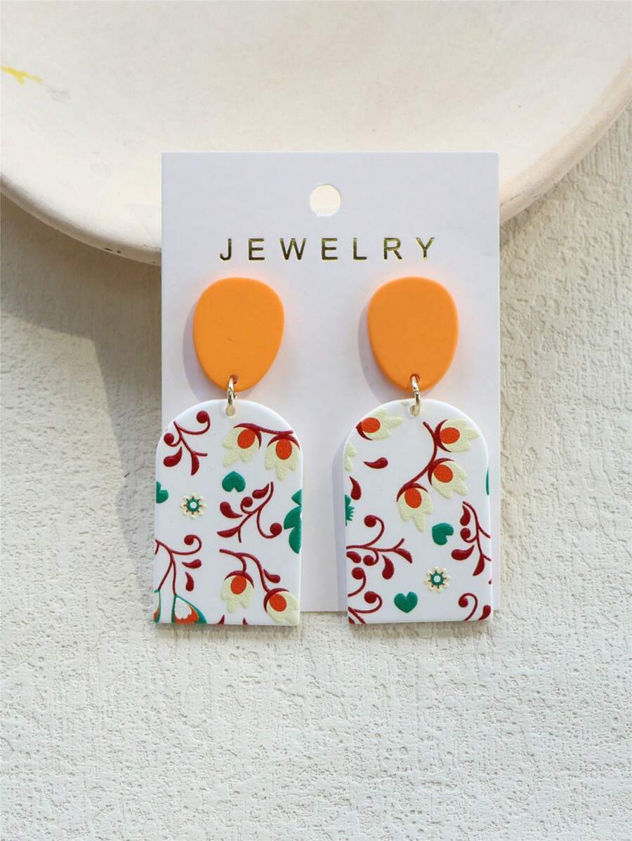 1 对女士花卉叶印花赤土纹理亚克力优雅耳环，橙色 - 彩色 - 查看 1