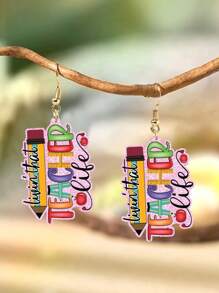 1 Pair Unique Acrylic Pencil & Bowknot Design Earrings, Creative Leopard, Cow Print, Plaid Pattern Drops For Graduation, Back-To-School, Teacher's Day, Please Remove Protective Film Before Use