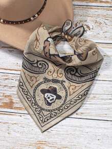 1pc Cowboy Style Western Print Pattern Bandana, Vintage Fashion Neckerchief Scarf Accessory, Versatile For Daily Wear For Dress - Multicolor - View 1