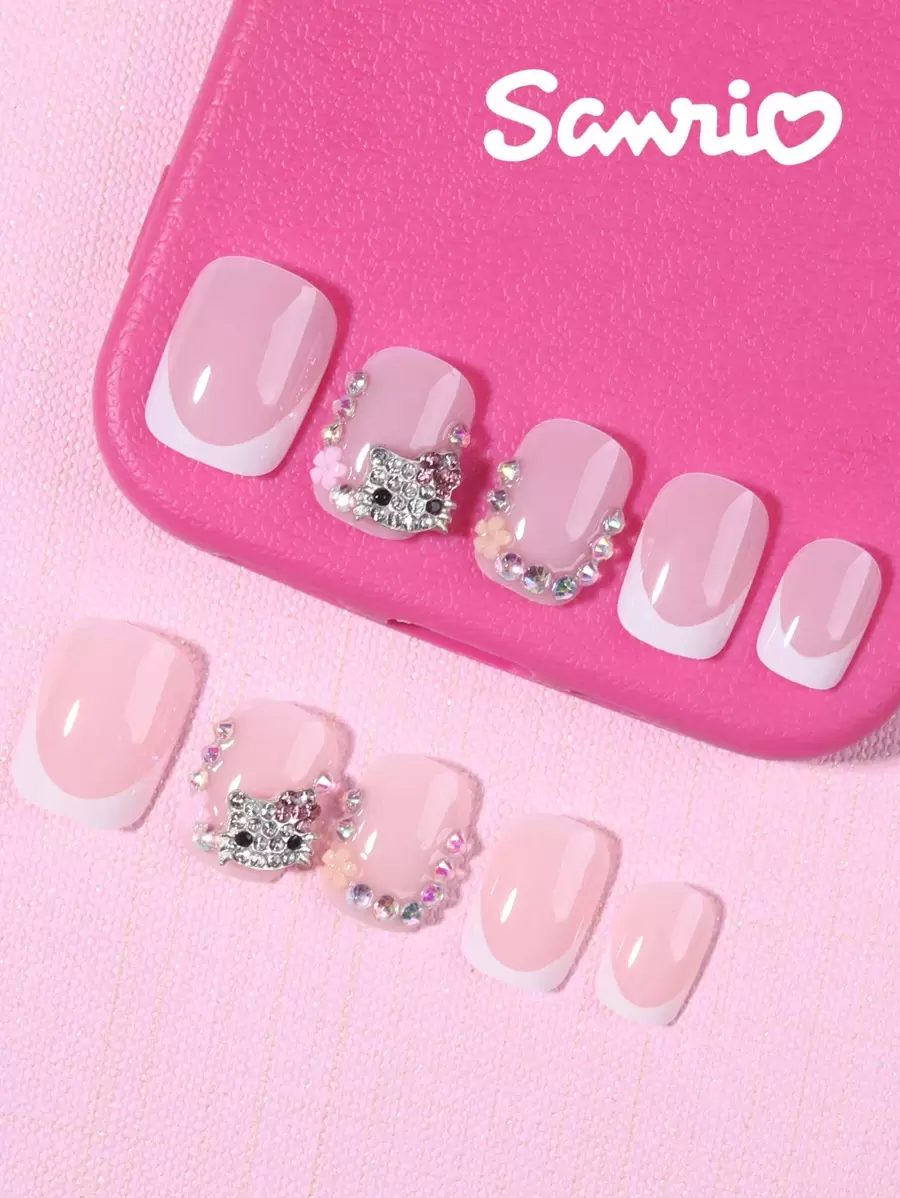 Sanrio Short Square 24pcs French Tip Nails - Cute Style Flower With Rhinestones Fit Perfectly Acrylic Fake Nail Set. Suitable For Daily Parties, Gatherings, And Special Occasions. Includes 1pc Jelly Glue And 1pc Nail File. Press On Nails