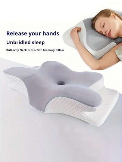 Ortopedisk ortopedisk kudde i 1 st fjärilsform - Ergonomiskt stöd för halsryggen, långsam återhämtning, sömnnackskudde, sängkläder för rygg och sidor, främjar korrekt ryggradsposition, låg allergi, maskintvättbart örngott