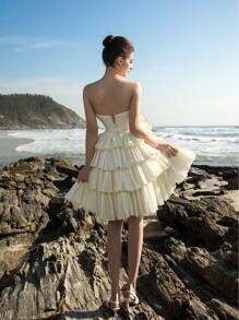 荷叶边露肩收腰蛋糕裙，优雅派对，新娘送礼会短裙，婚纱，新娘 - 米色 - 查看 4