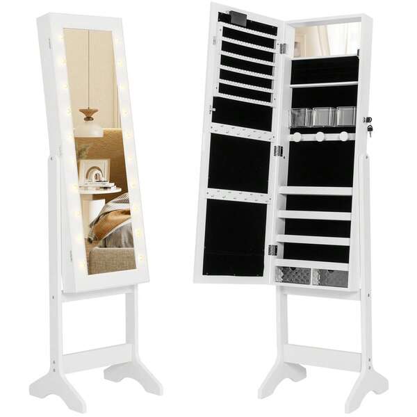 Lifezeal LED Mirror Jewelry Cabinet With 20 LED Lights Full-Length Mirror Adjustable Angles White/Brown/Black Back To School Dormitory Storage