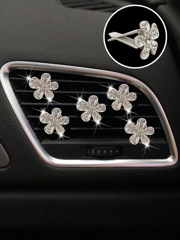 5 Peças/Conjunto Decoração Floral Pentagonal de Strass para Saída de Ar do Carro