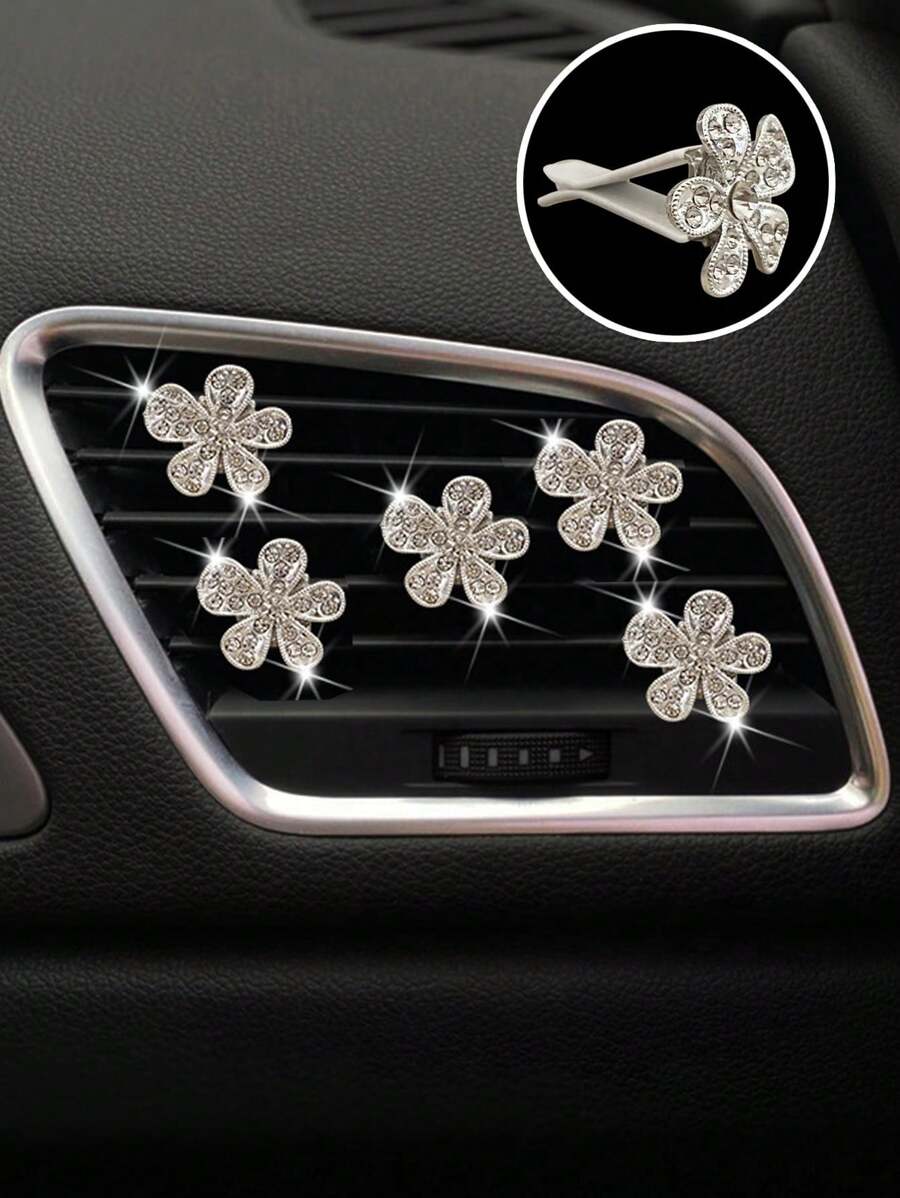 5pcs/Set Rhinestone Pentagonal Flower Car Air Vent Decor - Silver - View 1