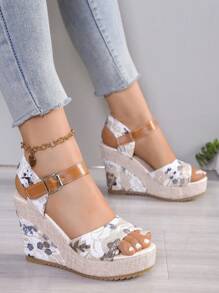 2024 Neue Europäische Damen Plateau Keilsandalen, vielseitig tragbare Outdoor-Riemen-Schnallen-Slides, sexy Modell Bühnen Farbblock Blumen Strand Lässig Pantoffeln, bequeme Offene Zehenschuhe, grün bedruckter erhöhter Schmal-Schuhwerk - Violett - Übersicht 2