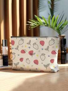 1pc Aardbeienpatroon Thema Volledige Print Make-up Tas - Lichtgewicht En Geurloze Polyester Reis Toilettas, Cartoon Aardbei Leuke Multifunctionele Canvas Tas, Oplaad Opbergtas, Essentiële Reis Make-up Tas: Meisjes Reis Reddingsboei Tas
