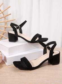 女士加大码新款中跟粗跟方头单带水钻装饰高跟鞋，优雅性感露趾，柔软底部防滑，适合日常通勤，搭配黑色绒面高跟鞋 - 黑色 - 查看 6