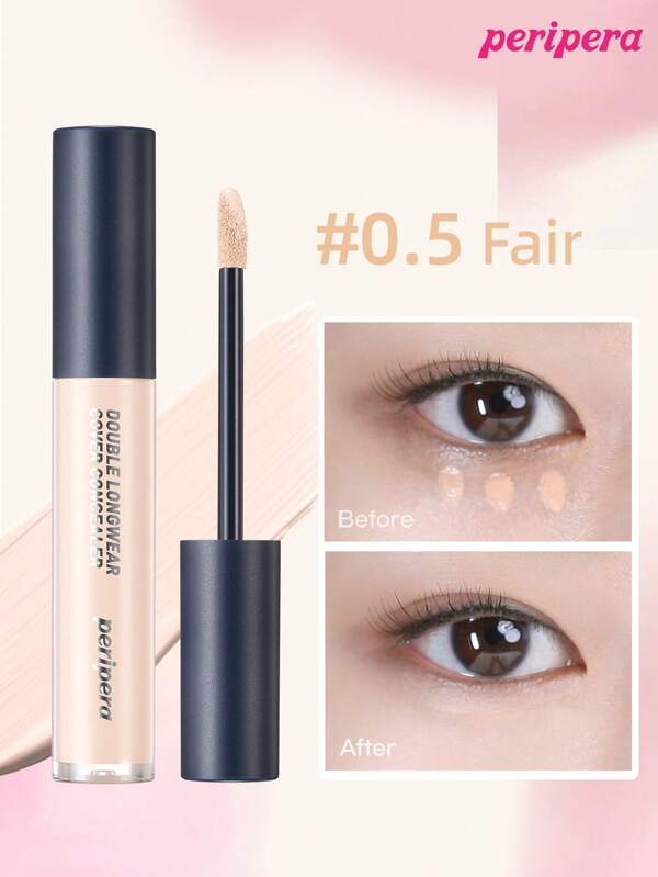 Peripera K-Beauty Double Longwear Cover Concealer, Tip Concealer, Dostępny dla skóry wrażliwej, Korektor w płynie, Lekki, Pełne krycie, Długotrwały, Kryje, Koryguje, Kryje, Nawilża, Rozświetla, Jasny piasek, Koreański makijaż