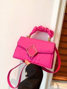 New Spring/Summer Retro Crocodile Embossed Solid Color PU Leather Small Square Handbag For Women (With Hanging Accessory) - Hot Pink - View 2