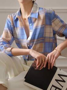 YUXIN Vintage Checkered Shirt For Women, Long Sleeve, Designed, High-End Blouse, Spring/Summer/Autumn - Blue - View 5