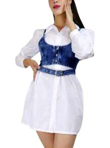 Vestido camisero manga larga con chaleco - Blanco - Ver 1