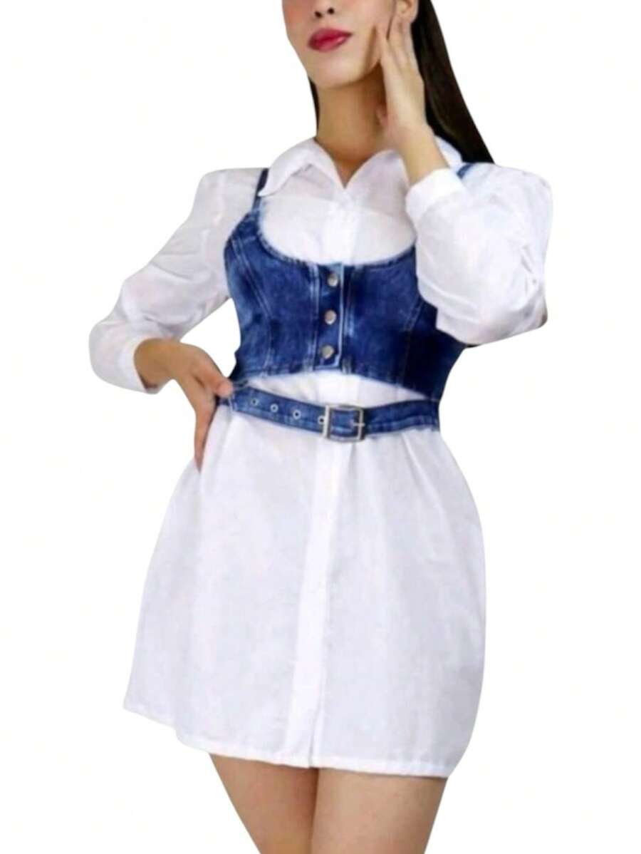 Vestido camisero manga larga con chaleco - Blanco - Ver 1