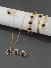 6 件/套优雅不对称水钻首饰套装，时尚女士新娘、夏季、派对、节日庆祝礼物包括手链、项链、耳环、戒指