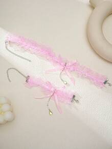 2 Pieces Set Fashion Pink Lace Flower Bow Rhinestone Zirconia Tiara Set For Wedding, Bridesmaids, Bride, Cosplay Lolita Accessories Including Necklace And Bracelet - Pink - View 2