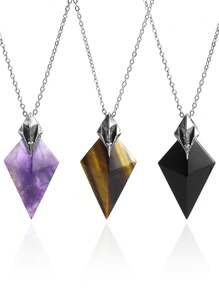 1 pieza Collar de piedra natural con triángulo CSJA para hombre y mujer, con dije de tridente, amatista, fluorita, obsidiana negra facetada, ojo de tigre y cristal de roca, joyería H576