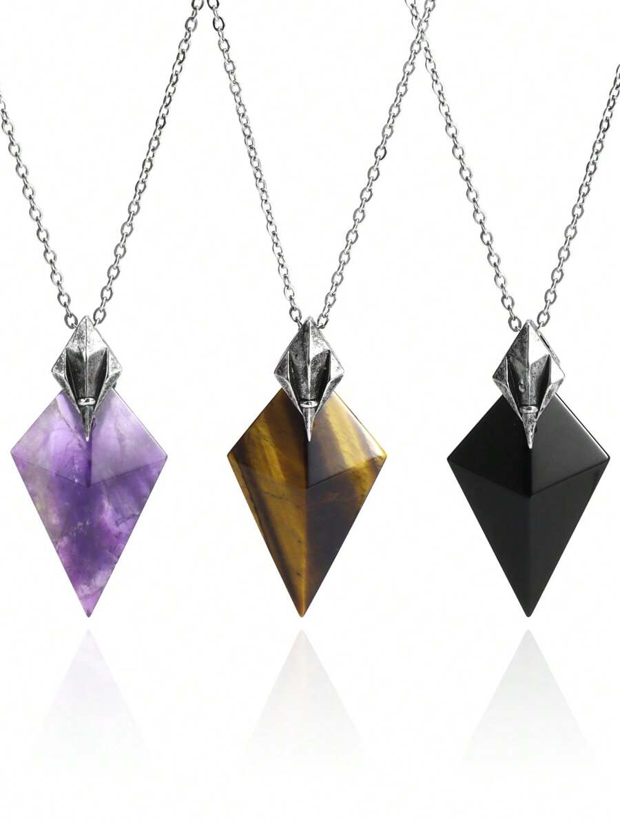 1 pieza Collar de piedra natural con triángulo CSJA para hombre y mujer, con dije de tridente, amatista, fluorita, obsidiana negra facetada, ojo de tigre y cristal de roca, joyería H576