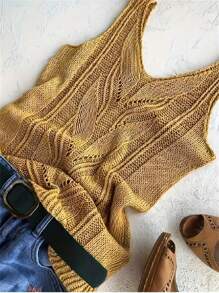 优雅女士 V 领针织无袖背心，手洗或干洗，夏季休闲装必备 - 黃色 - 查看 1