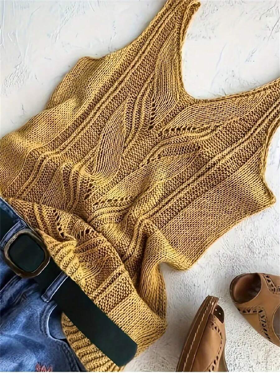 优雅女士 V 领针织无袖背心，手洗或干洗，夏季休闲装必备 - 黃色 - 查看 1