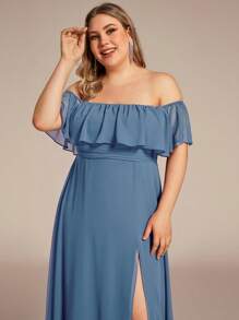 EVERPRETTY Plus Size Women's Solid Color Ruffle Off-Shoulder Elegant Bridesmaid Dress - Dusty Blue - View 5
