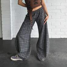 Women's Casual Y2K Plaid Pants Mid Rise Wide Leg Trousers Elastic Waist Baggy Loose Lounge Long Pants Streetwear For Daily - 灰色 - 查看 2