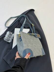 时尚新款复古压纹拼色水桶包，优雅手提包配肩带 - 藍色 - 查看 9