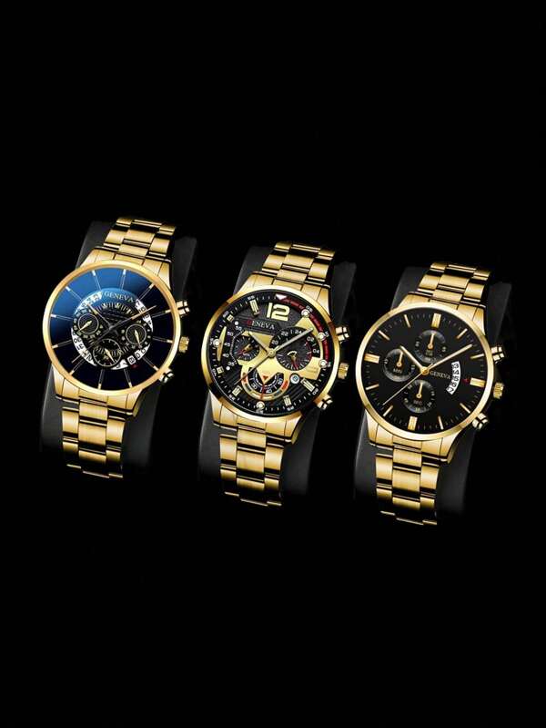 3pcs/Set Men's Fashion Casual Quartz Wrist Watches With Calendar Function