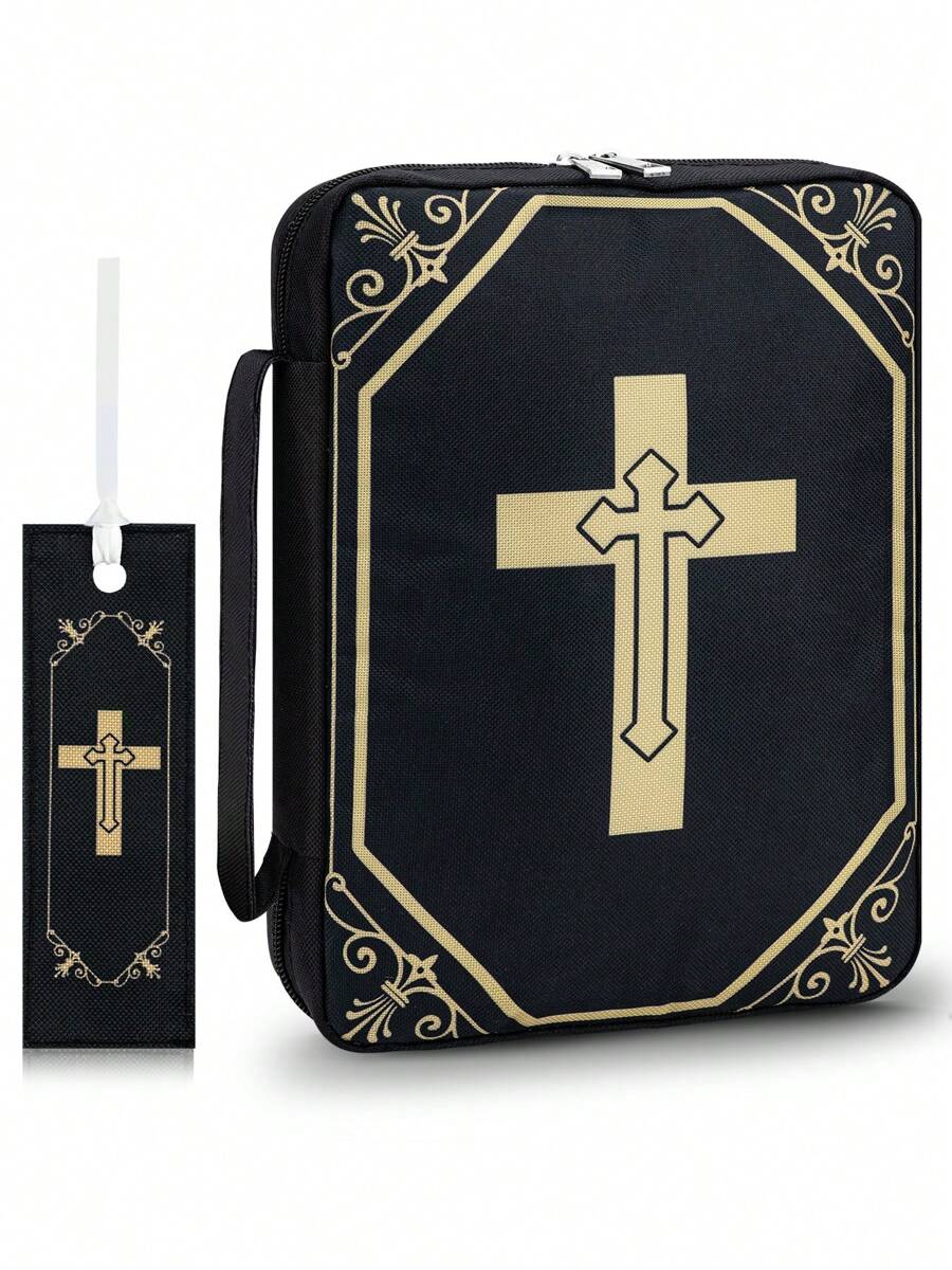 1pc Bible Cover,Cross Design - Polyester, Zipper Closure & Carry Handle - Portable Church Case With Black Accents & Floral Patterns - Ideal Gift - Black - View 1