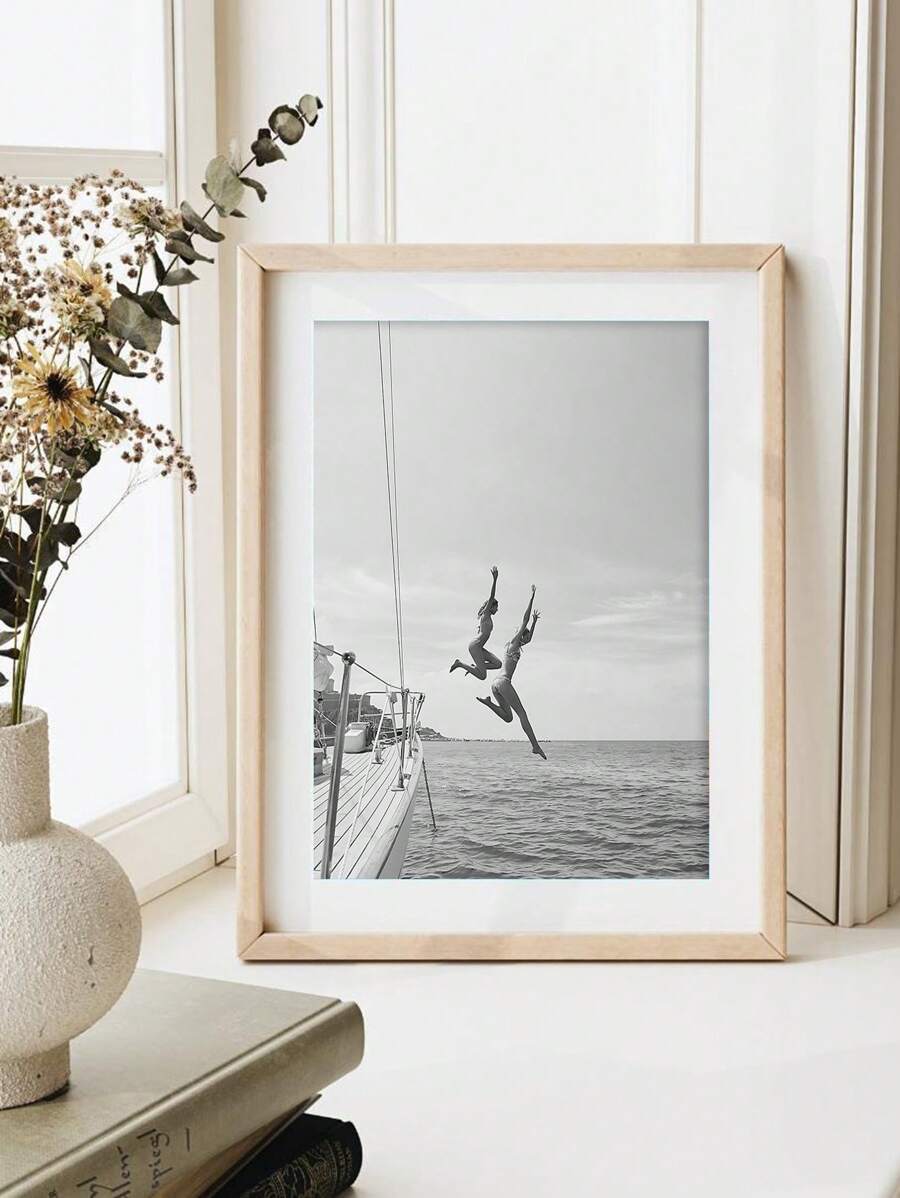 1 张 80 年代复古黑白海报、黑白海滩帆布壁画、夏日海洋、跳跃帆船游艇海报、女孩房间墙壁装饰、海滩爱好者生活方式墙壁装饰，无框架 - 淺灰色 - 查看 1