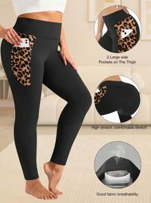 Leggings Plus Size con tasche per donne, vita alta opachi con controllo addominale, leggings sportivi Plus Size vita alta, leggings fitness running con tasche, stampa leopardata sulle tasche