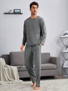 2pcs Men's Sleepwear Set, Crew Neck Top And Pants - Dark Grey - View 2