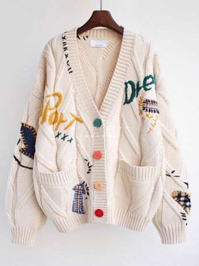 Women's Chunky Knit Long Sleeve Cardigan V-Neck Button Embroidered Sweater Jacket