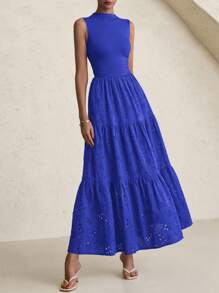 Women's Summer Dress Casual Perforated Sundress Sleeveless Elegant Wedding Guest Dress With Pockets - Xanh đậm - Xem 1
