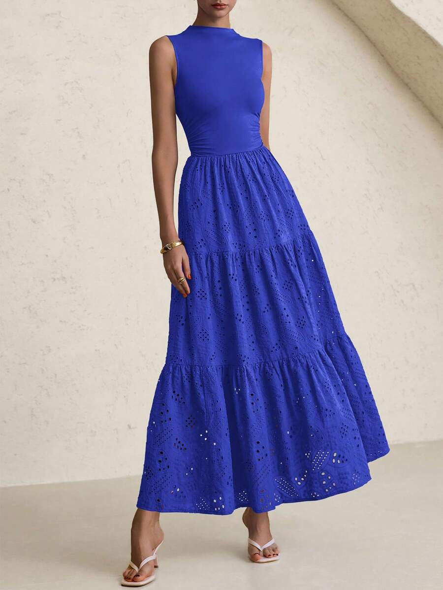 Women's Summer Dress Casual Perforated Sundress Sleeveless Elegant Wedding Guest Dress With Pockets - Xanh đậm - Xem 1