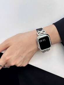 1pc Women's Silver Bow-Knot Rhinestone Metal Splicing Black Strap, Compatible With Apple Watch 38/40/41/42/44/45/49/46mm, Compatible With Apple Watch S10/Ultra 3/2/1/SE/9/8/7/6/5/4/3/2/1, Soft And Comfortable, Decorated With Bow-Knot , Fashionable And Cute, Accessory - Black - View 9