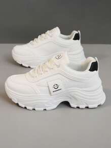 1 双女士休闲圆头系带户外运动鞋，春夏季皮底运动鞋 - 米色 - 查看 4