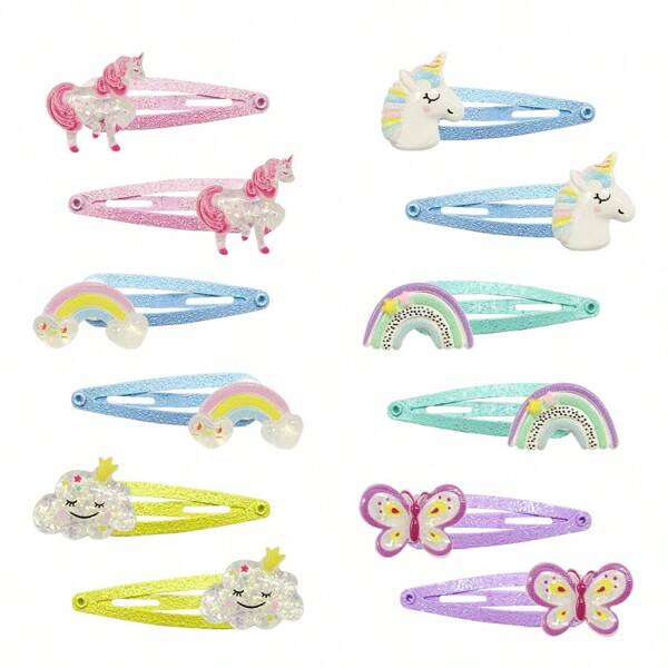 Set de 12 piezas/6 pares de pinzas para el cabello de niñas con diseños de unicornio, mariposa y arcoíris, accesorios para el cabello de niños para regalos y recuerdos de fiesta
